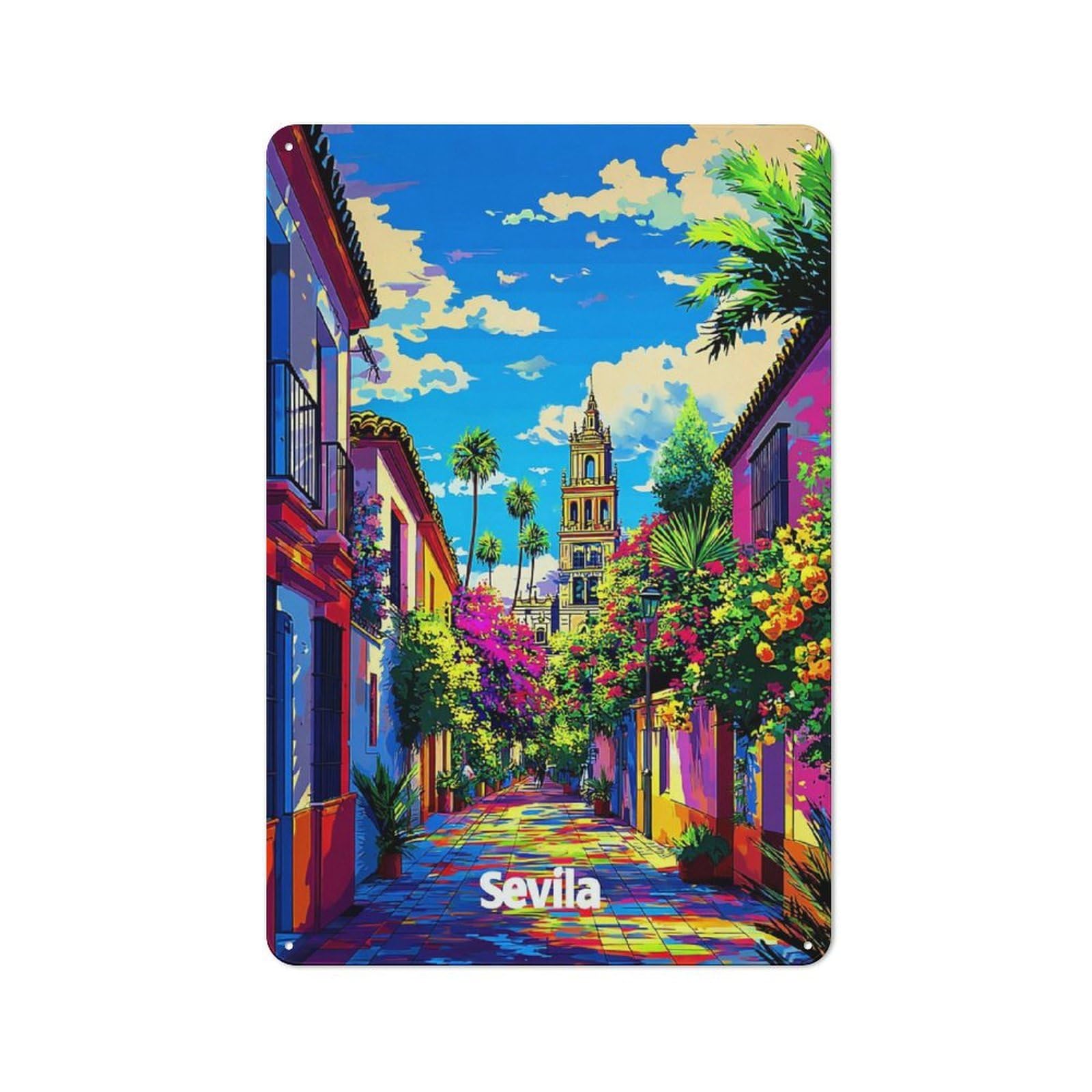Junmoney Seville's Colorful Streetscape Rustic Tin Wall Sign 30X20cm Featuring Bistro Wall Plaque For Restaurant, Kitchen, Counter Or Breakfast Nook