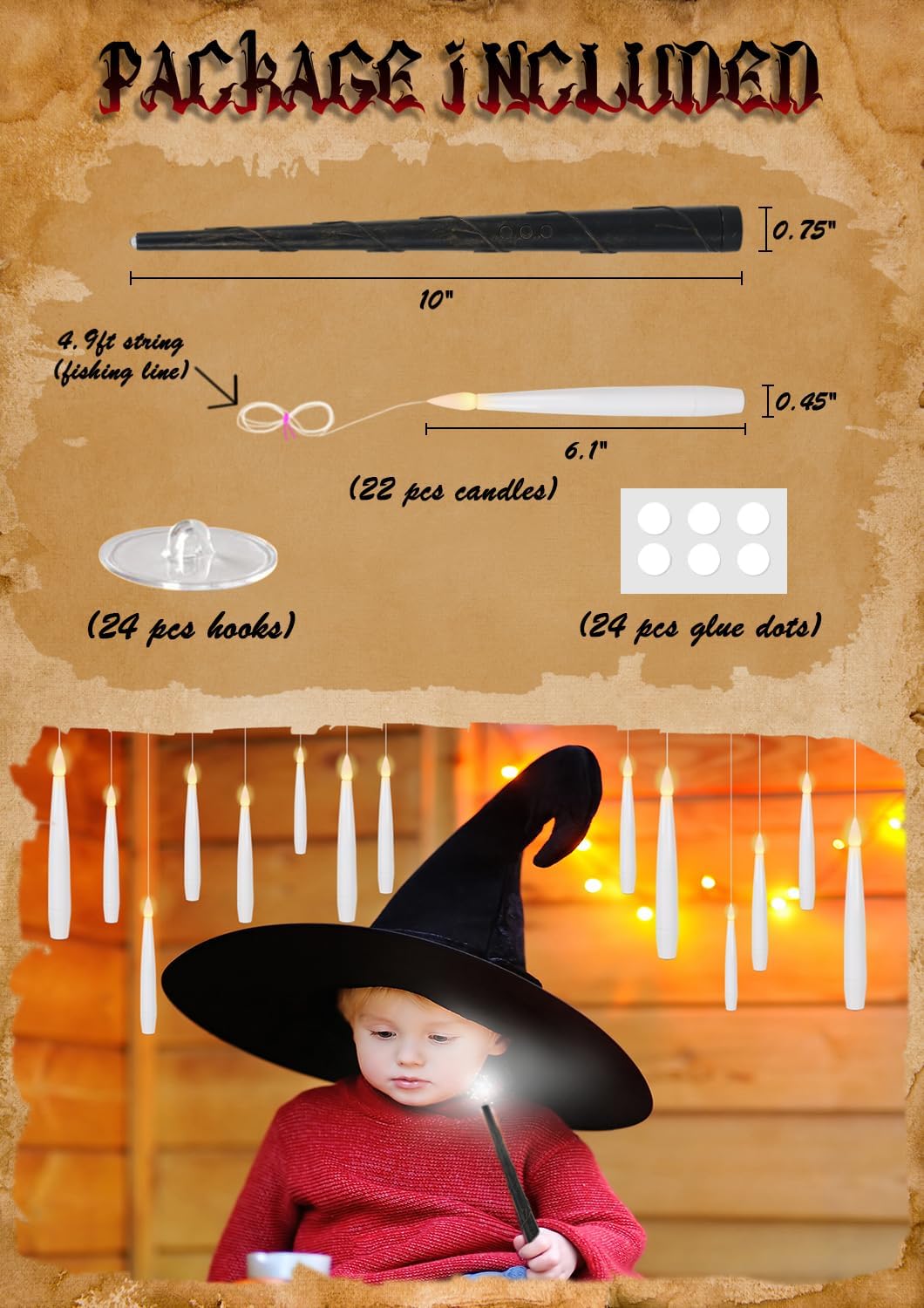 22 PCs Floating Candles with Wand Remote, Halloween Decorations Floating LED Taper Candles, Flickering Flameless Hanging Window Candles, 6.1" Magical Electric White Battery Operated