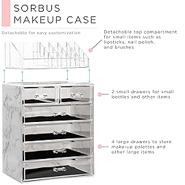 Sorbus Acrylic Makeup Organizer Set, 6-Drawer Vanity & Countertop Cosmetic Storage with Small & Wide Compartments, Marble Print Makeup Storage for Brushes, Jewelry - Holiday Gift for Women & Teens