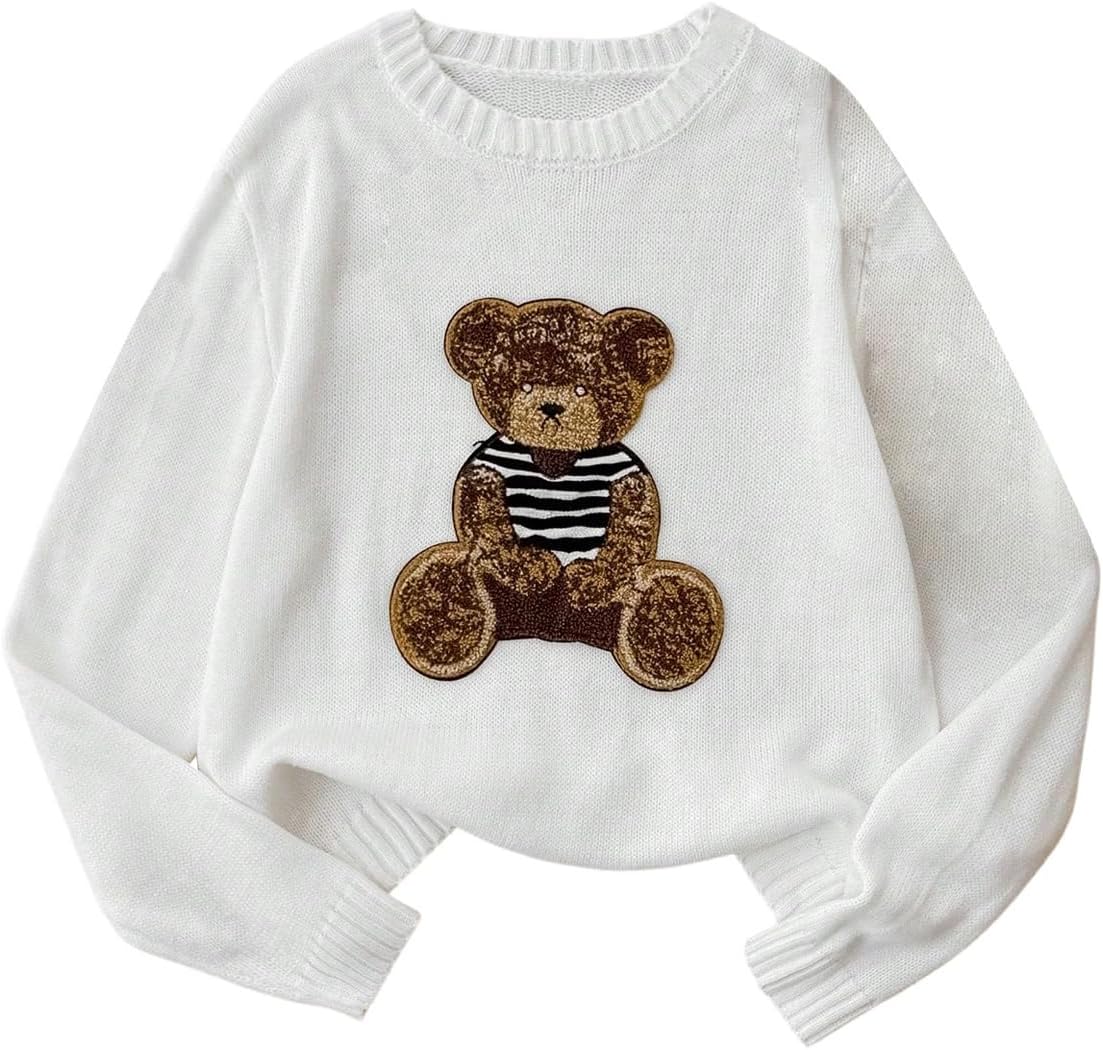 BEAUDRM Girl's Teddy Bear Sweater Cute Graphic Sweaters Fall Lightweight Long Sleeve Crewneck Knit Tops