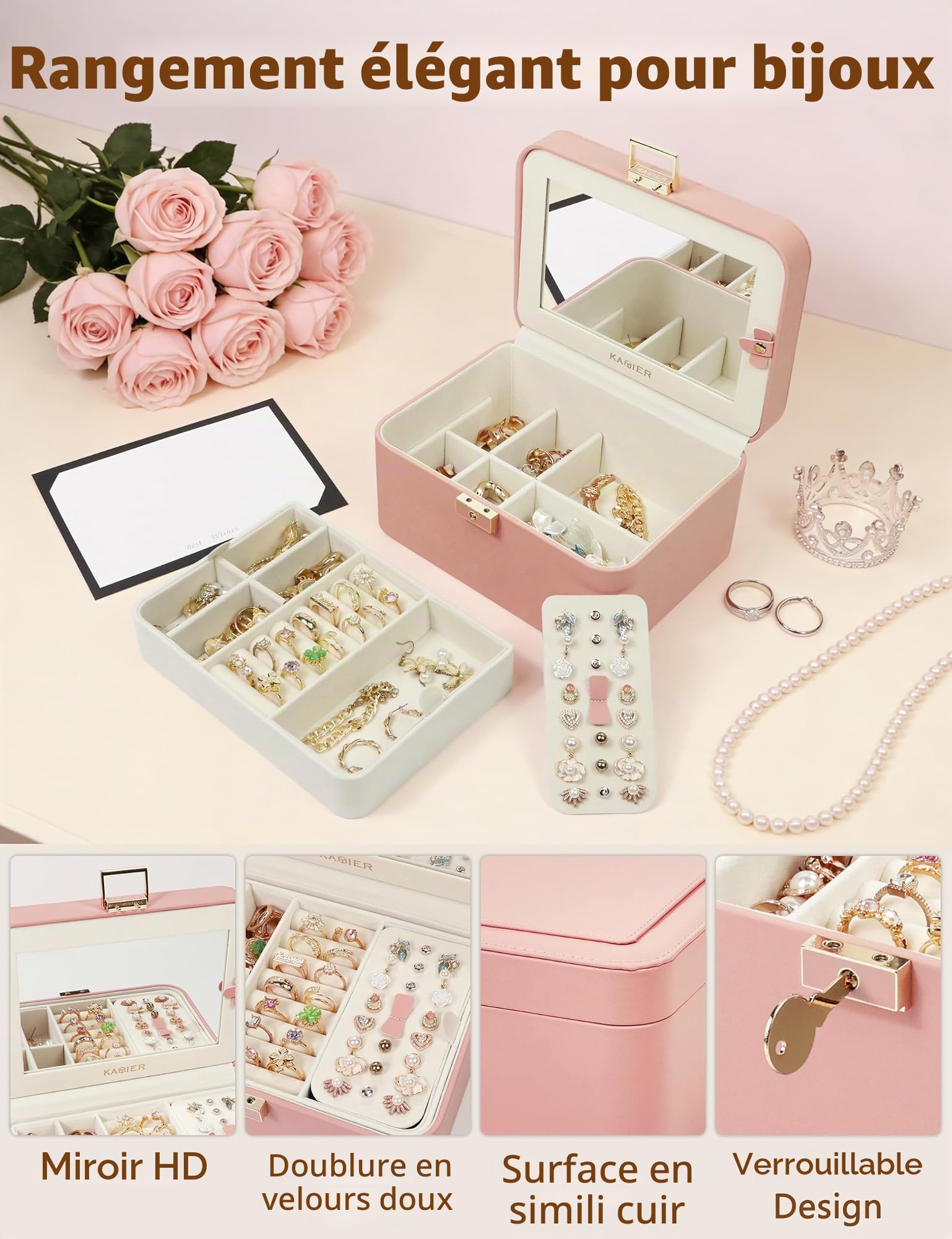 KAMIER Boîte à bijoux pour femme – Organiseur à bijoux à 2 couches, grand organisateur en cuir synthétique, avec serrure et crochets cachés miroir, séparateurs amovibles, rose, fête des mères