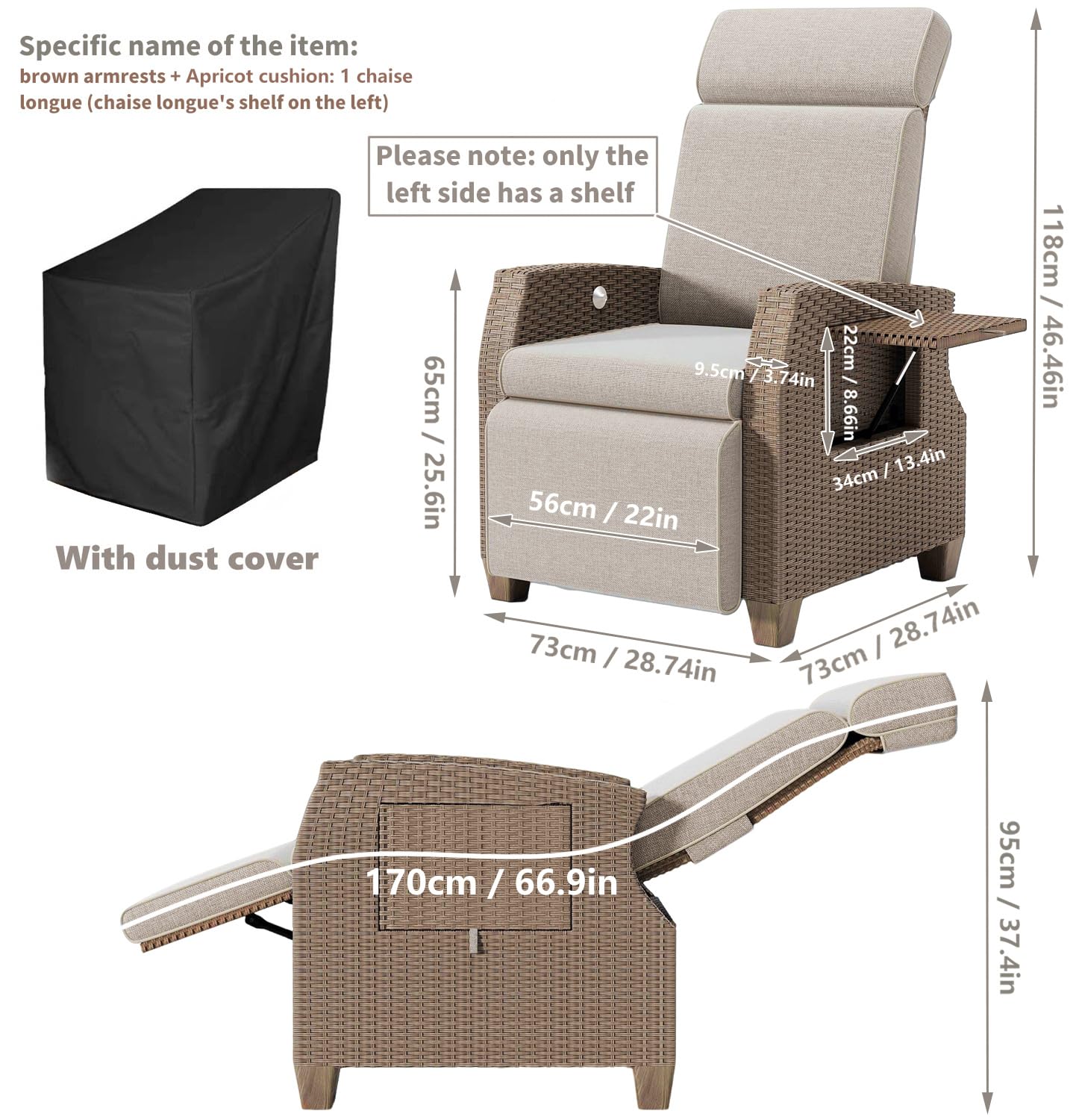 Chaise Longue, Fauteuil Relaxant Ergonomique en Rotin, Dossier Réglable et Blocable dans Toute Position, avec Housse Antipoussière, pour Intérieur, Balcon et Jardin (Marron + Abricot)