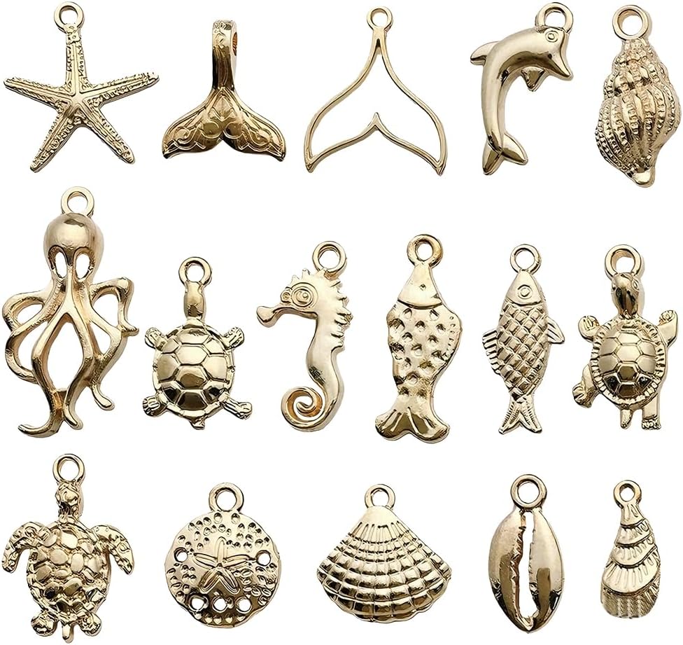 16Pcs Beach Charms, Chic Gold Charms for Jewelry Making, Alloy Dolphins, Seahorses, Octopuses and Seashells, Summer Charm for Necklace Bracelet Earrings Crafting DIY
