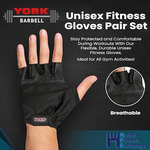 Vista 7 de York Barbell - Guantes de levantamiento de pesas, piel de cabra, agarre antideslizante, palma acolchada, correa de soporte para la muñeca, espalda