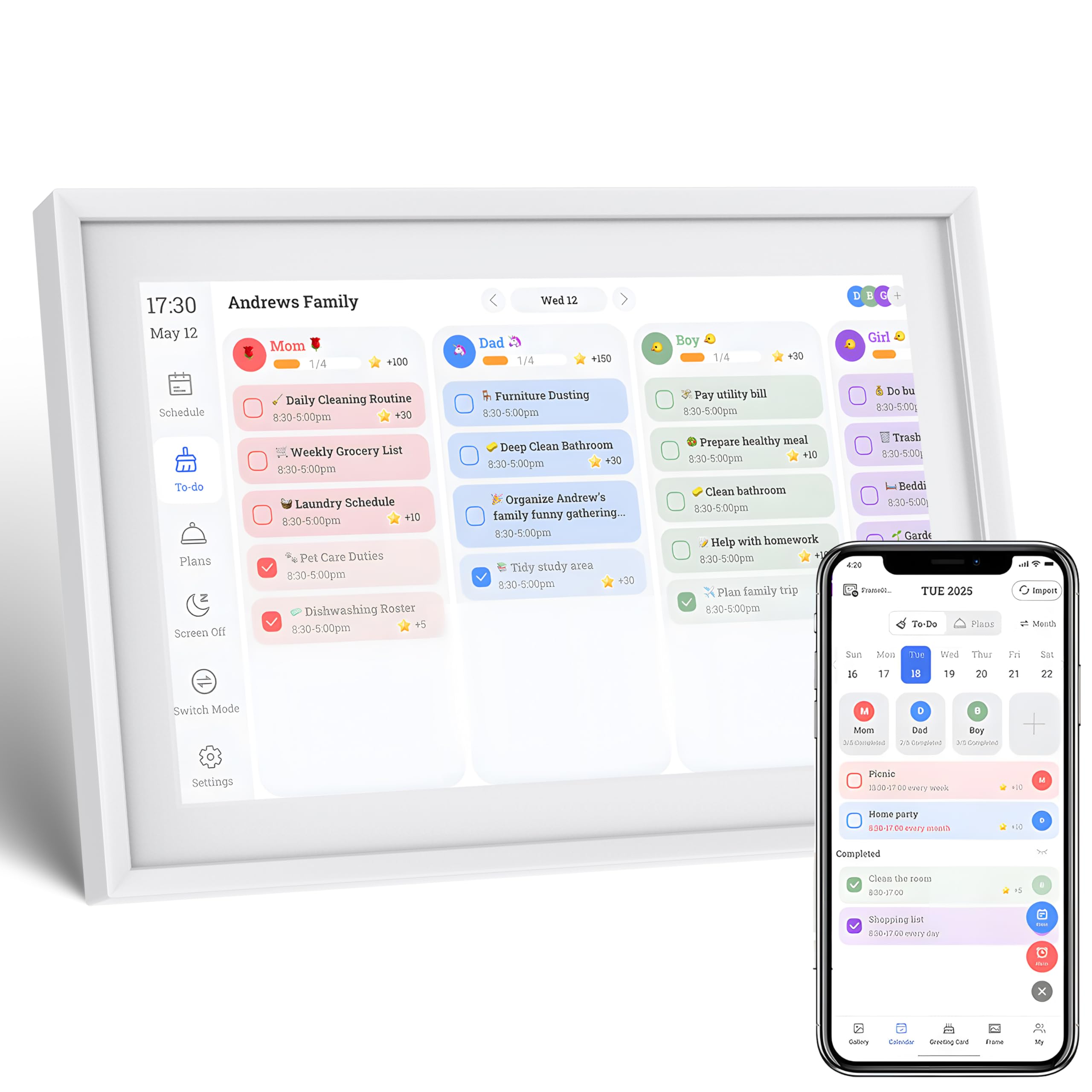 Digitaler Kalender, 10,1-Zoll-HD-Touchscreen, automatische Drehung, Schlafmodus, Familienplaner, Speiseplaner, Aufgabenliste, to-do-Liste