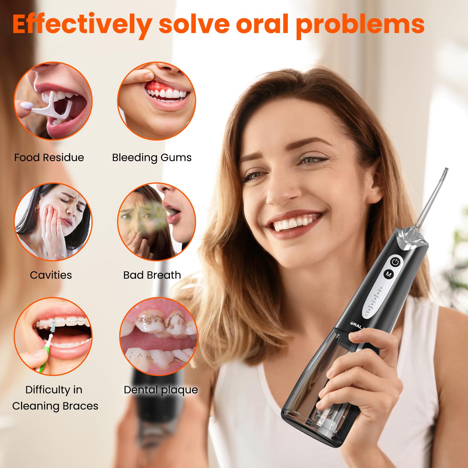 Púa de hilo dental de agua para dientes, irrigador oral portátil de 300 ml, limpiador de riego de viaje recargable, máquina de hilo dental eléctrica profesional y accesorios de irrigador, IPX7