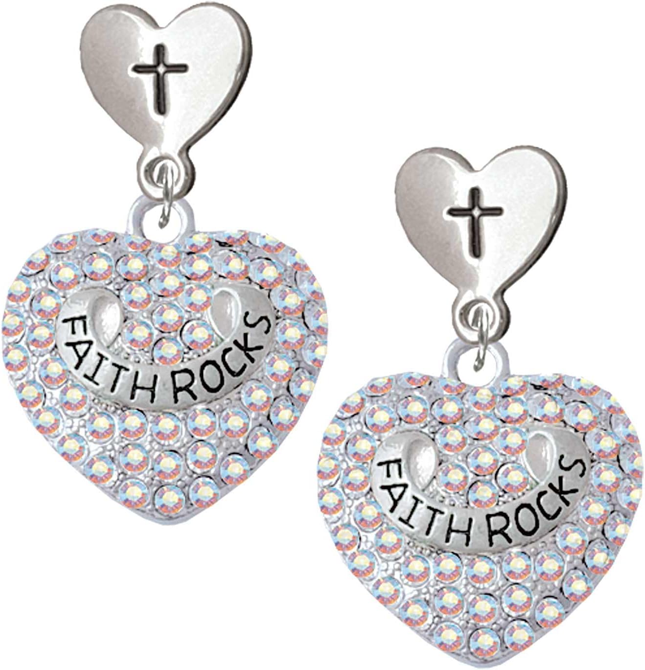 Delight Jewelry Silvertone Family Rock on AB Crystal Heart Cross in Heart Post Dangle Earrings