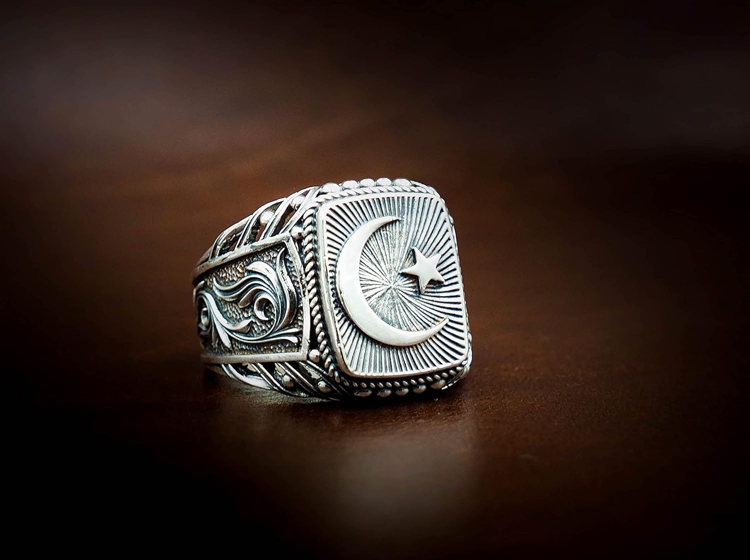 925 Sterling Silver Islam Crescent Muslim Ring, Moon Star Islamic Men's Ring Size 6-15