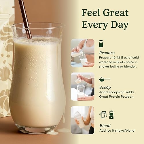 Miniatura 8 de Field's Great Batido de proteína de vainilla todo en uno a base de plantas, envejecimiento saludable, 1.06 onzas de proteína, 0.18 onzas de fibra +