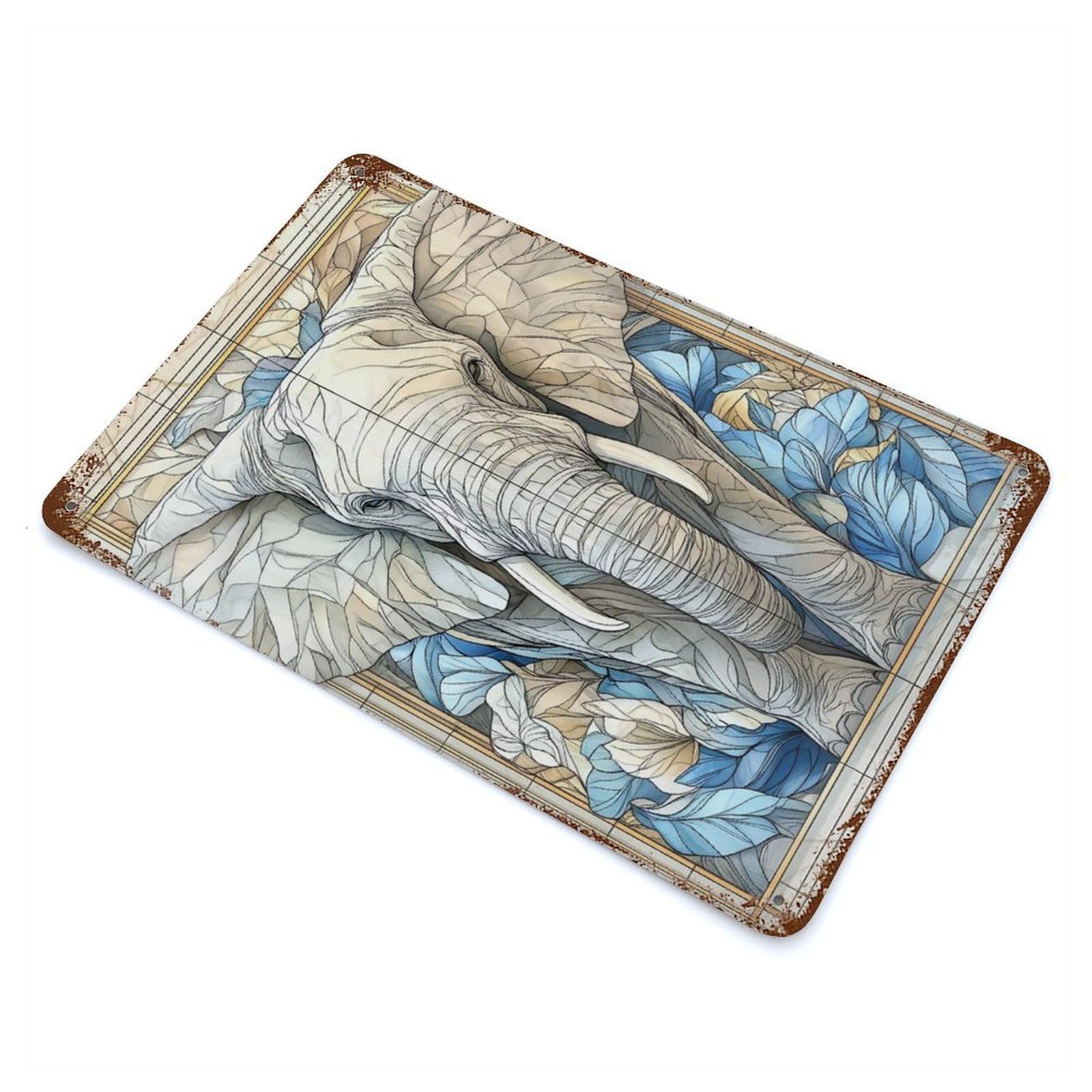 Vintage Rust Metal Sign with Elephant Stained Glass Design 11.8"x7.9", for Farmhouse, Kitchen And Entryway Decor, Novelty Wall Decor