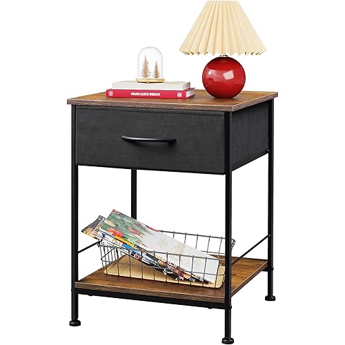 WLIVE Nightstand, End Table with Fabric Storage Drawer and Open Wood Shelf, Bedside Furniture with Steel Frame, Side Table for Bedroom, Dorm, Easy Assembly, Black and Rustic Brown
