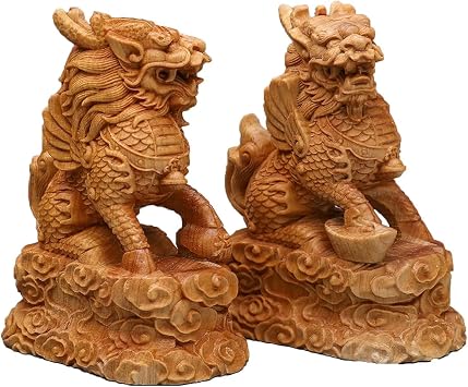 Qilin Wealth Prosperity Statue, Pixiu Decor Statue, Wooden Animal Sculpture, Brown