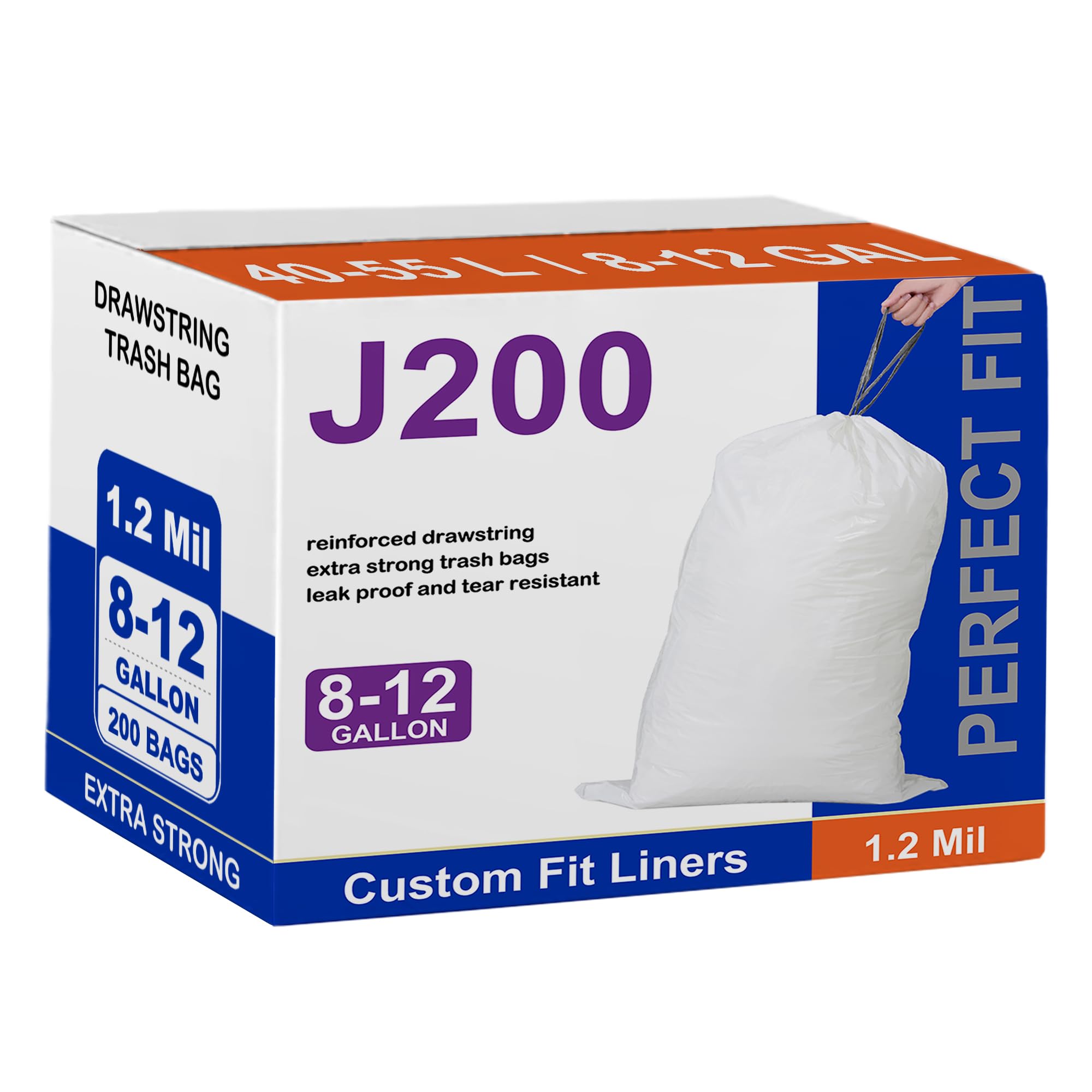 Code J 200 Perfect Fit 10.6 Gallon Heavy Duty Trash Bags 1.2 Mil THICK with Reinforced Drawstring 40-55 Liter White Garbage Liners Tear Resistant 200 Count GRAND SAVE!