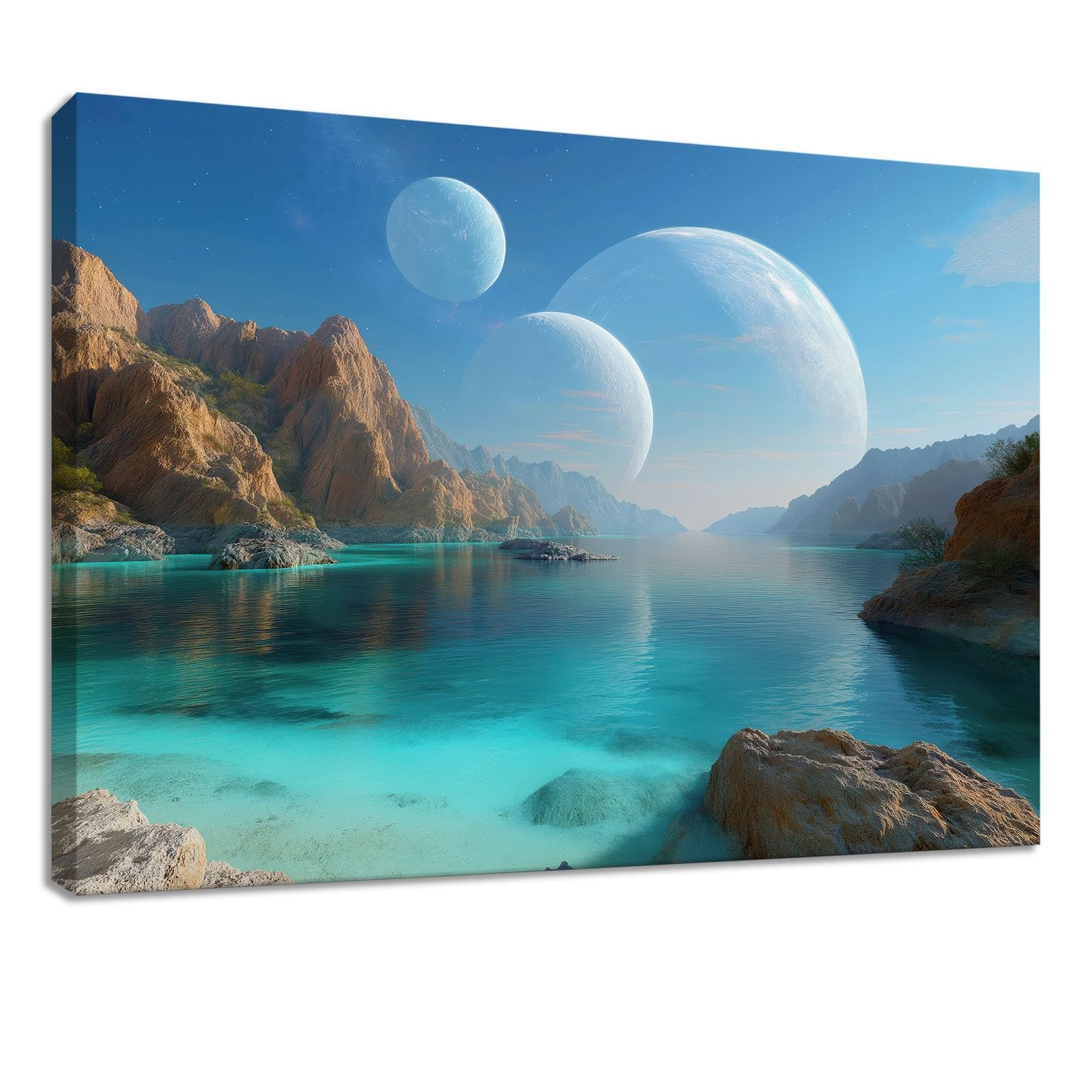 Obraz na płótnie, natura, krajobraz, XXL, obraz ścienny, dekoracja ścienna 120 x 60 cm, druk artystyczny na płótnie z drewnianą ramą, niebieskie góry, jezioro, planeta, dekoracja ścienna do salonu