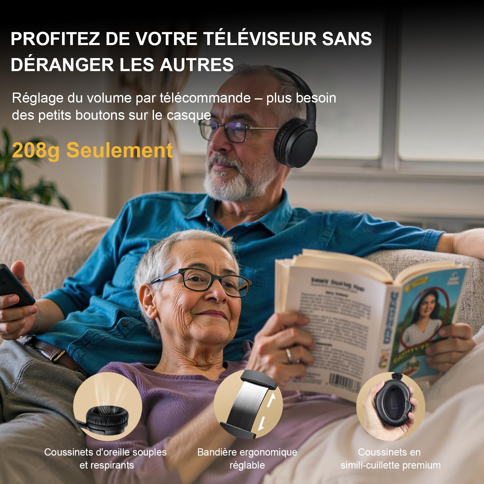 Casque TV Sans Fil pour Personnes Âgées, AptX Faible Latence, Un Bouton Casque Over-Ear avec Émetteur USB (Optique/RCA/AUX/USB), Plus Fort & Plus Clair pour Malentendants, 20H d'Autonomie, Plug & Play
