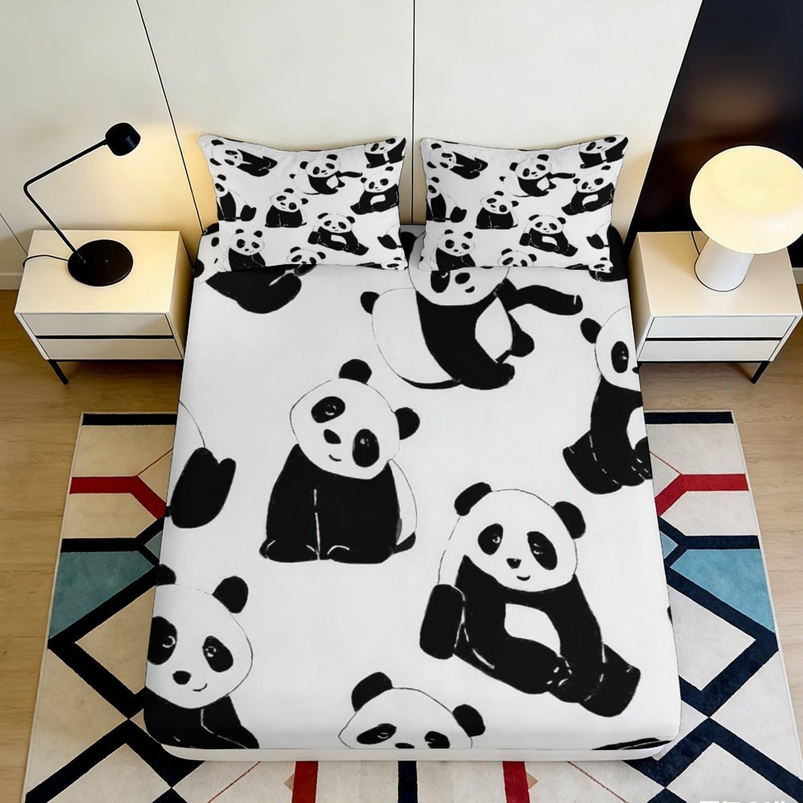 3D Printed Cartoon Panda Fitted Sheet Microfiber Soft Mattress Cover for Bedroom Guest Room Dorm Decor, Black White 90x200x25cm