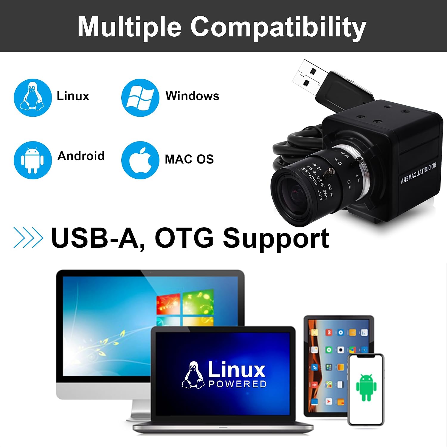 SVPRO 1080P 60fps USB Camera, 2.8-12mm Manual Zoom Lens Webcam, 720P 120fps/360P 260fps High Speed, UVC Plug & Play for PC/Mac/Linux/Android, Video Recording,Industrial Inspection,Security Monitoring
