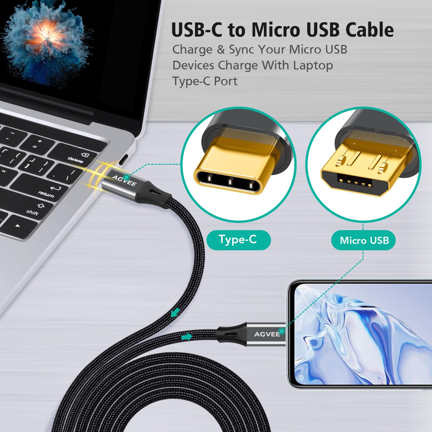 AGVEE Cavo da USB-C a micro USB, 3 m, estremità placcate oro, cavo intrecciato per ricarica e sincronizzazione dati, per dispositivi micro USB, PS4, Kindle, telefoni Android, grigio scuro