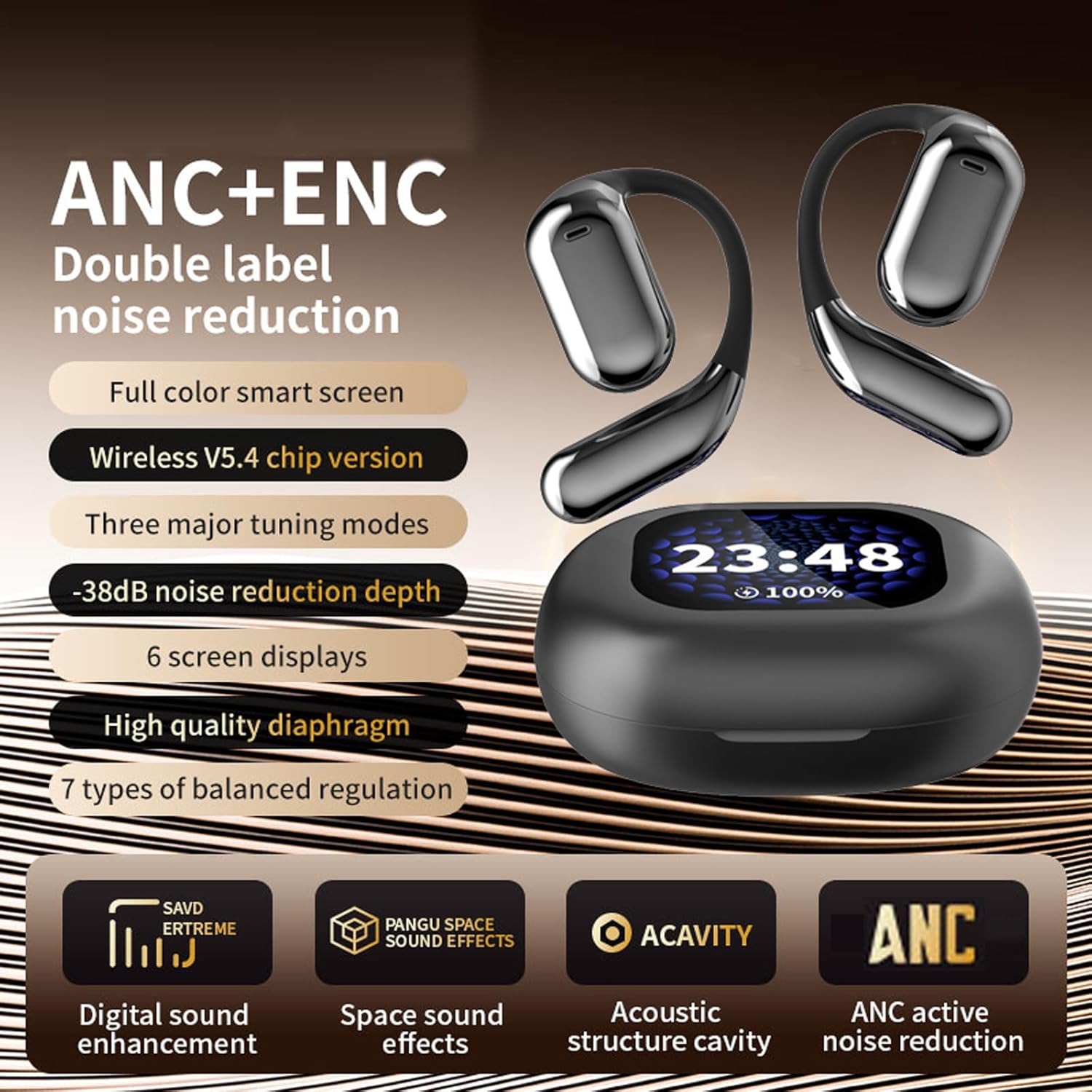 Touchscreen LCD Open Over the Ear Bone Conduction Smart Earbuds Wireless Bluetooth Earphone with Touch Screen Case and Earhooks that don't Go in Your Ear