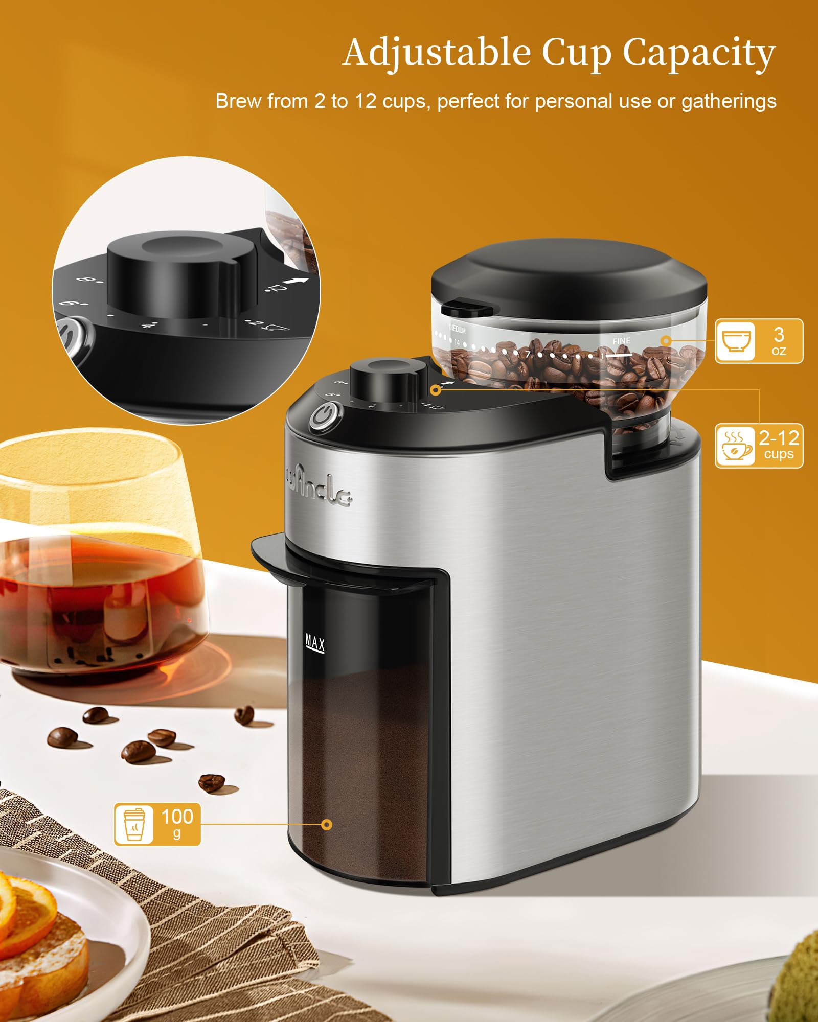 Moulin à Café à Meule Wancle 200W avec 28 Réglages de Mouture, Protection Contre la Surchauffe, Capacité de 2 à 12 Tasses, Design Compact pour un Rangement Facile, Acier Inoxydable, 220V