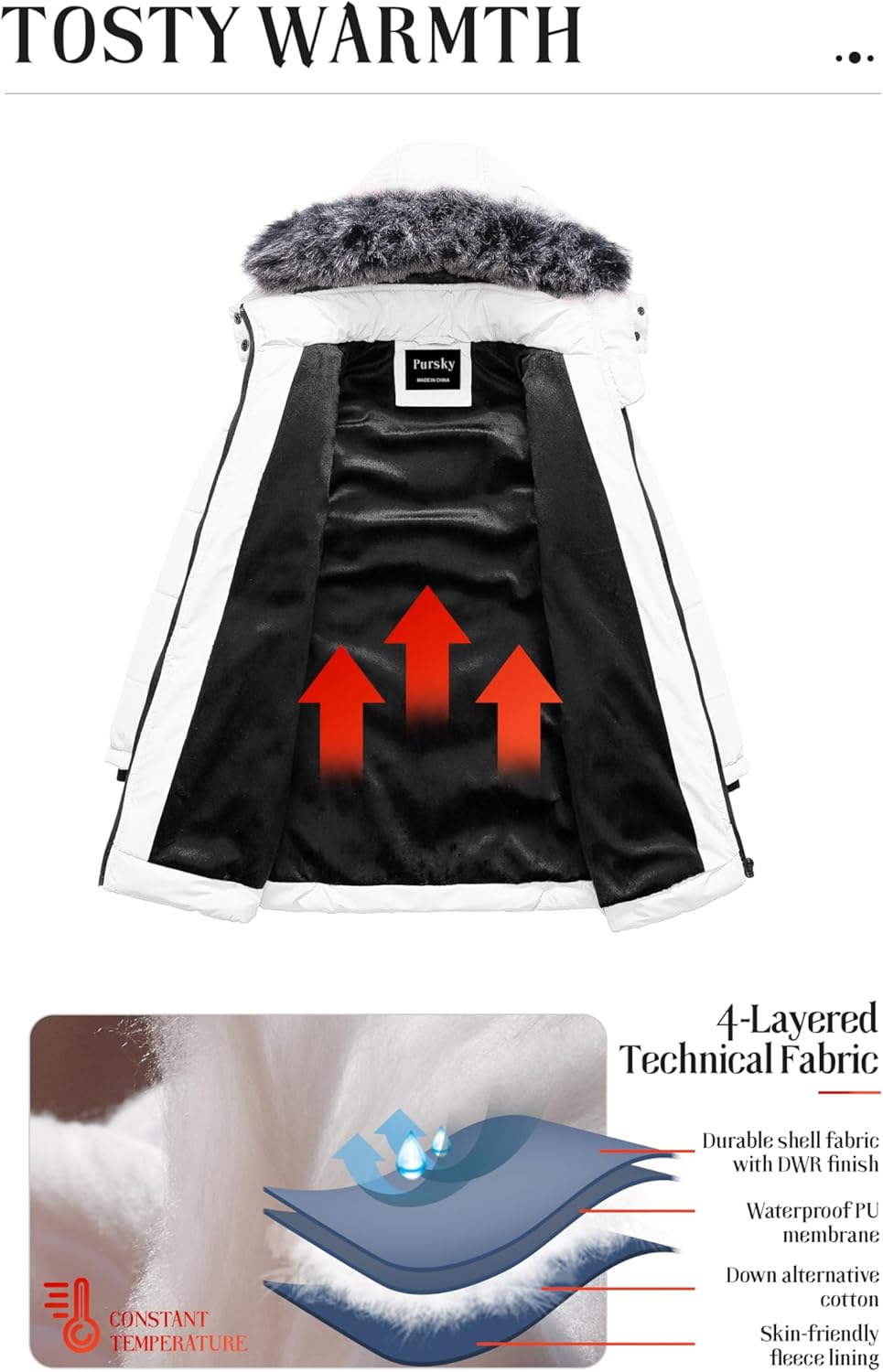 Pursky Girls' Warm Winter Coat Long Parka Fleece Lined Waterproof Puffer Jacket With Removable Hood - Image 4