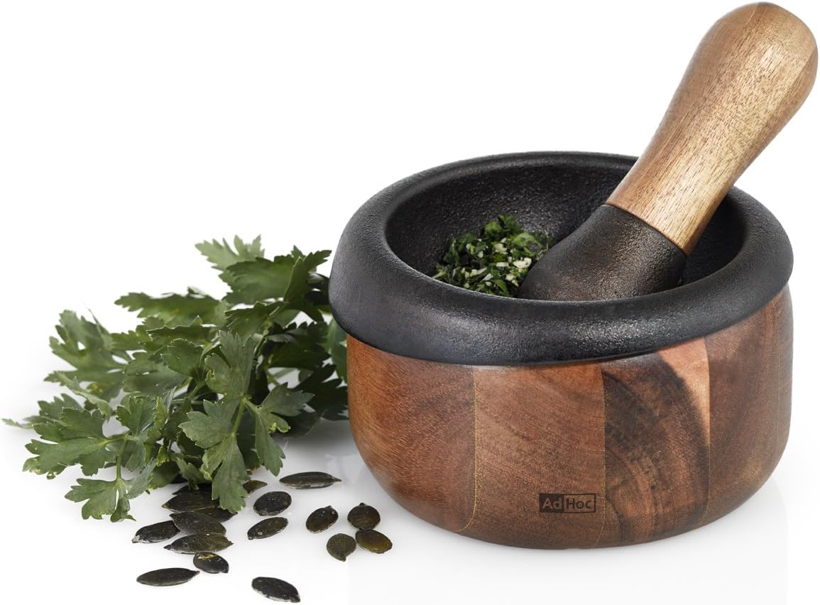 AdHoc Crush Pestle & Mortar Set, 13cm, Durable Cast Iron/Acacia Wood, Spice Grinder/Herb Grinder