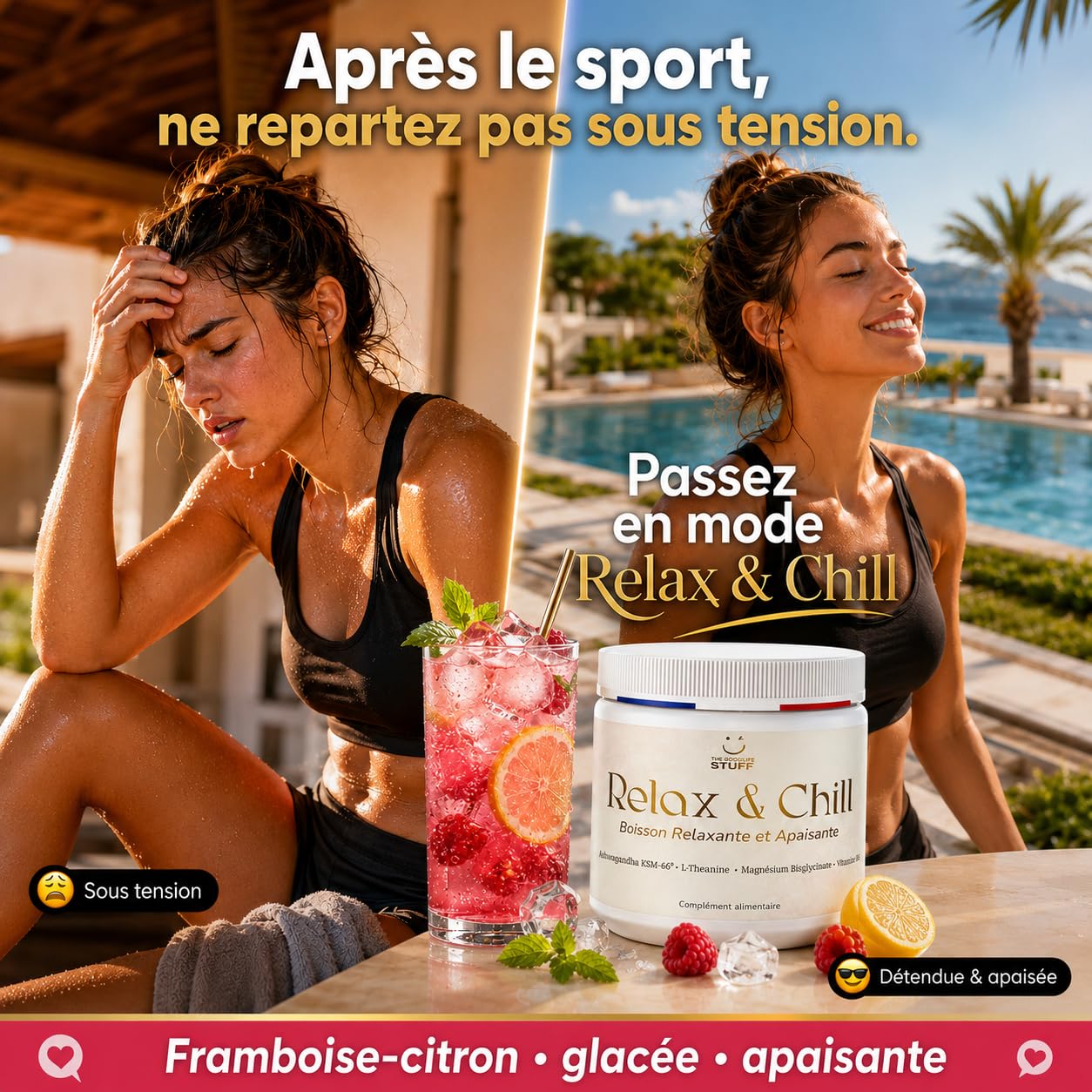 Relax & Chill Boisson Relaxation Anti-Stress/Ashwagandha KSM-66, L theanine, Magnesium Bisglycinate & Vitamine D/Baisse Cortisol & Stress, Améliore Détente et Qualité du Sommeil/Sans Cafeine ni Sucre