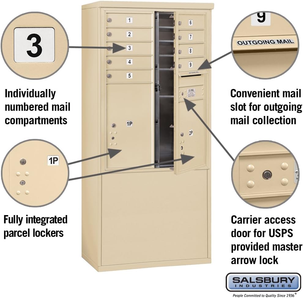 Salsbury Industries 3911D-09SFU 4C Free Standing Horizontal, Front Loading, Double Column, 9 MB1 Doors, 1 PL5, 1 PL6, USPS Access, Sandstone Mailbox
