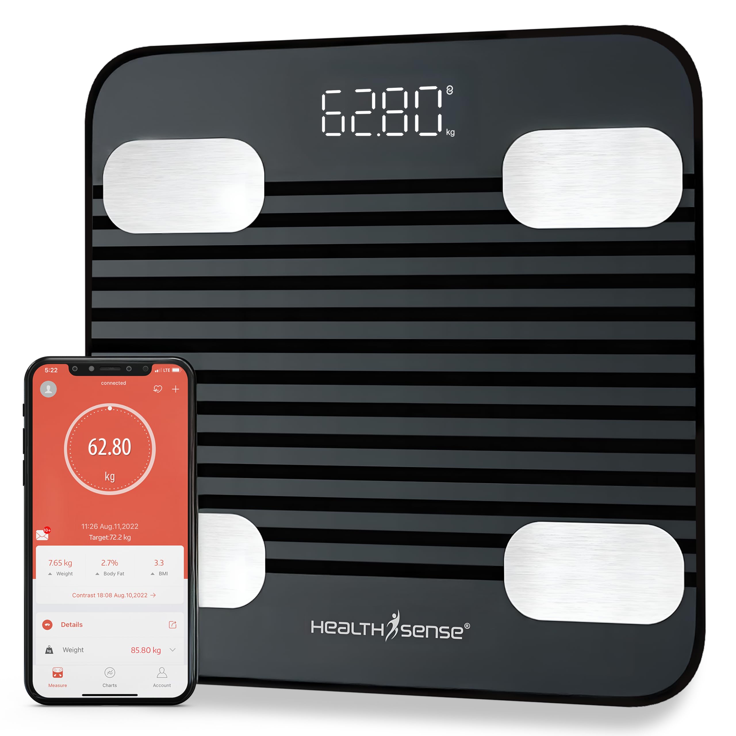 HealthSense Smart Bluetooth Weight Machine for Body Weight, Digital Body Fat Analyzer Machine & Body Composition Scale with APP, 13 Body Composition, LCD Display & 1 Year Warranty - Fitdays BS 171