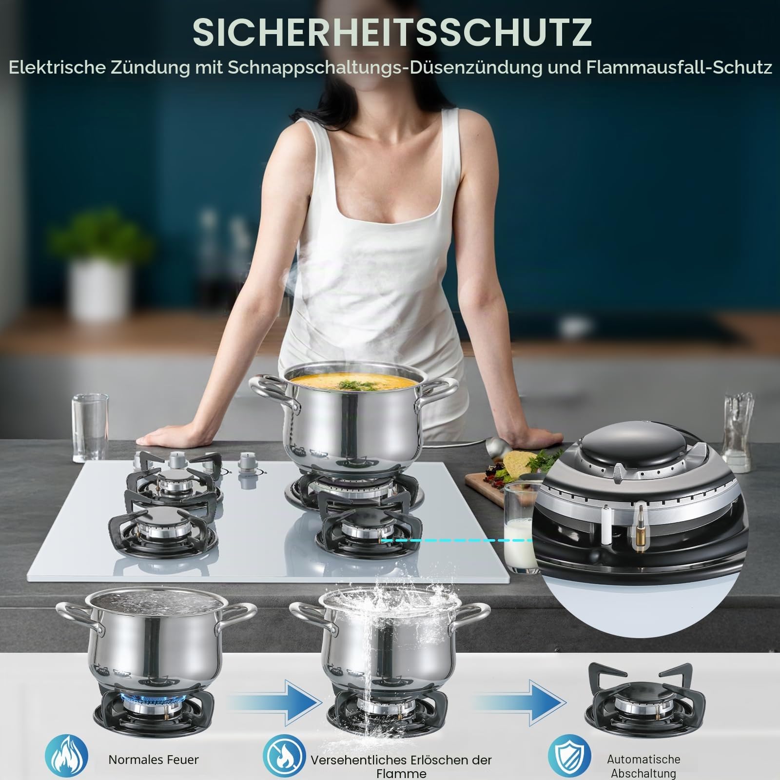 TopStrong Gaskochfeld mit 4 Brennern, Einbau-Glaskochfeld 60 cm, Natur-/Propangasherd, weißes Glas, Flame-Out-Schutz, emaillierte Grills, 8060W