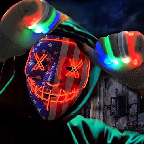 Máscara de terror de Halloween con guantes LED, máscara de disfraz con luces LED, alambre EL, para Halloween, festivales, cosplay (rojo estrella)