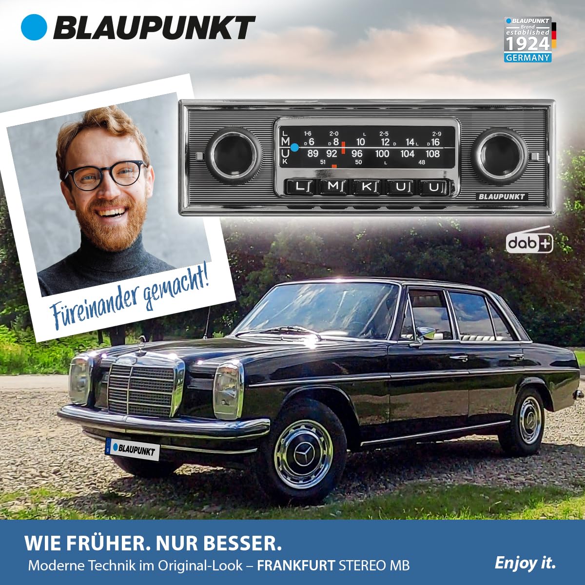 Blaupunkt Frankfurt Stereo MB, 1-DIN Autoradio, Oldtimer-Design mit Nadelstreifenfront und Chromrahmen, DAB+, Bluetooth, USB, Aux-Eingang, Lenkradfernbedienung, Sub-Out, 4x50Watt, 12v