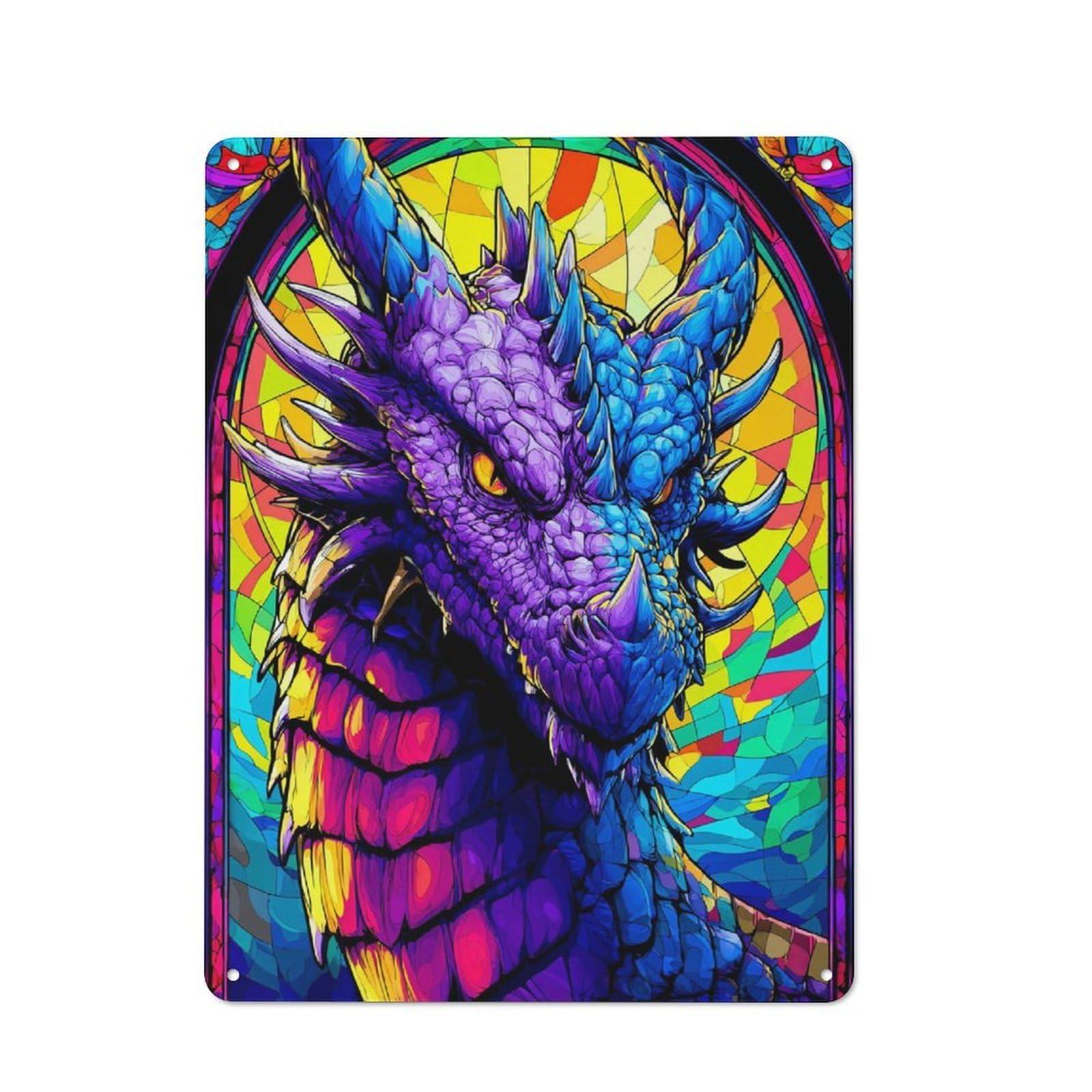 Junmoney Colorful Dragon Stained Glass Artwork Creative Metal Wall Decor 40X30cm, Metal Desk Wall Sign For Hobby Room, Office, Lounge Or Living Room
