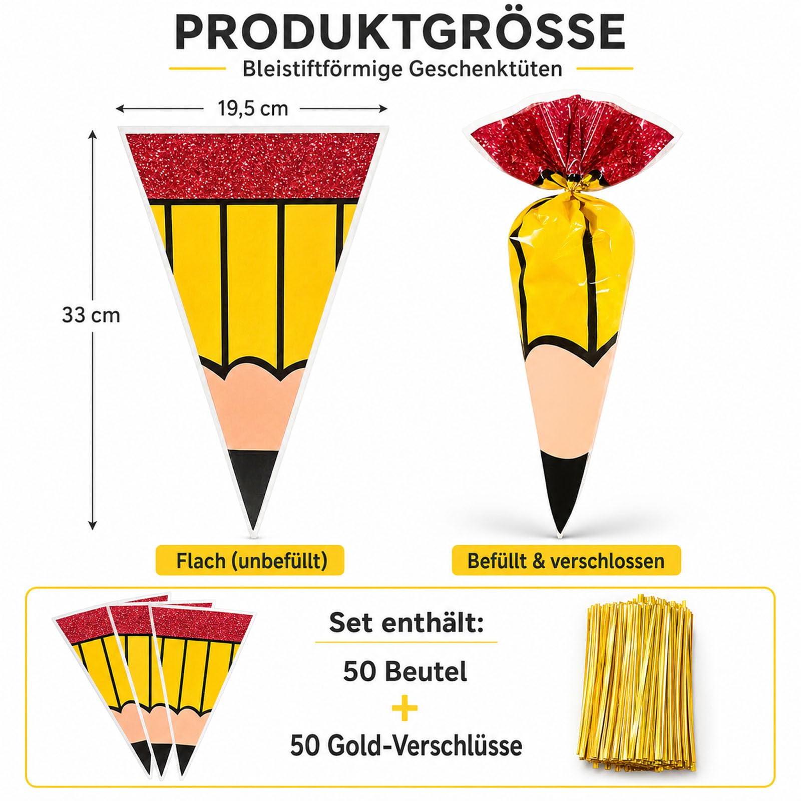 ALEGRE® Torebki na ołówki, na rozpoczęcie szkoły, 50 sztuk, dekoracja na rozpoczęcie szkoły, na rozpoczęcie szkoły, małe torebki na słodycze, słodycze, słodycze, ciastka