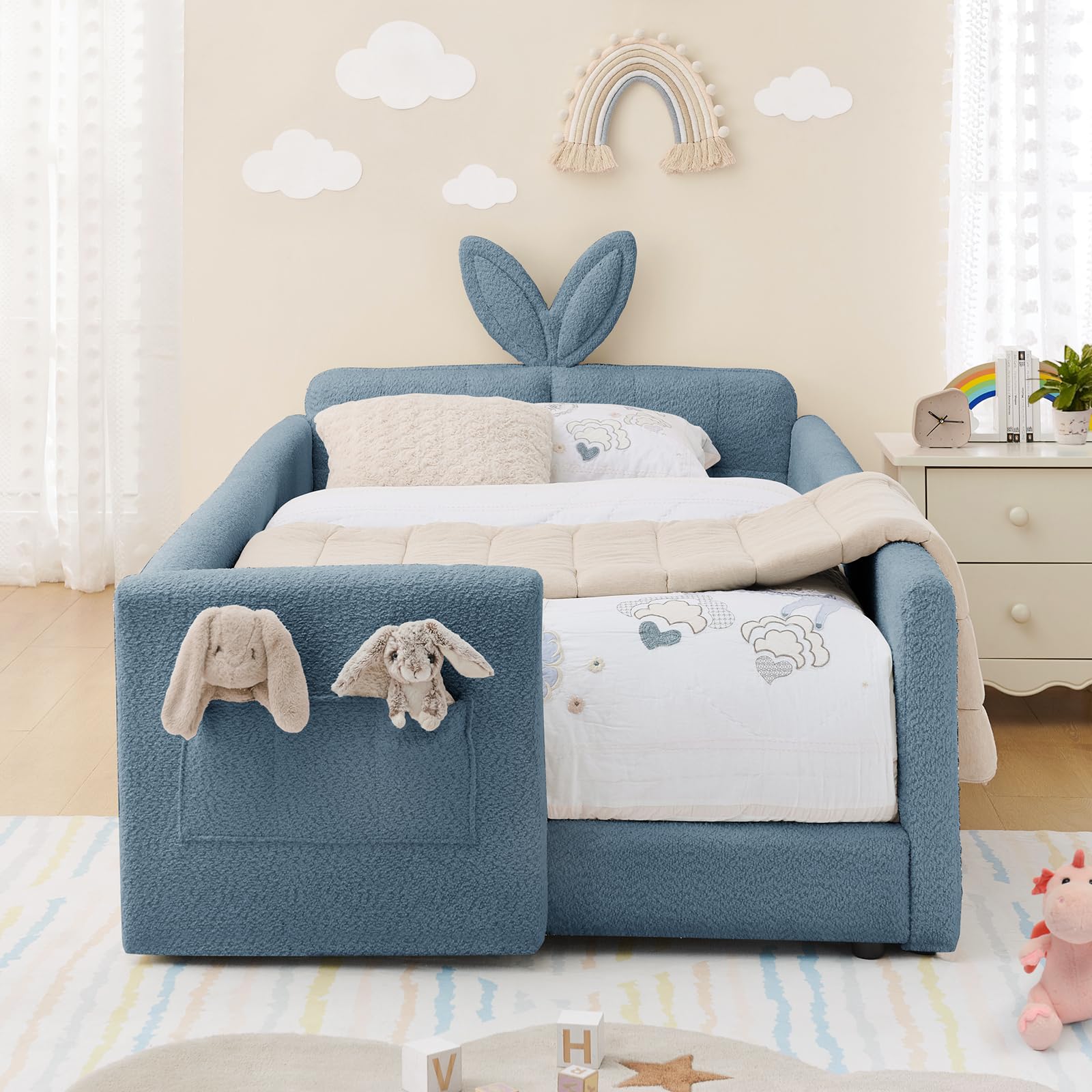 Twin Size Kids Bed with Rabbit Ear Headboard, Upholstered Boucle Fabric Twin Daybed with Slats Support &amp; Side Pockets, Space-Saving Wooden Corner Sofa Couch Bed Frame for Girls, Boys, Teenager(Blue)