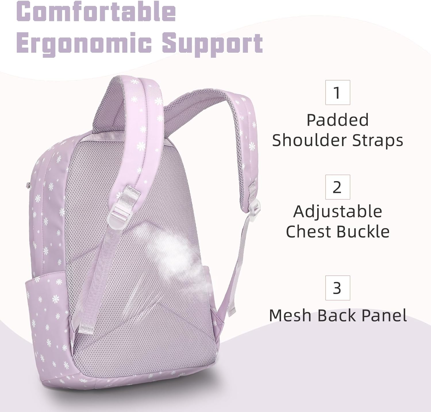 Flowers School Backpack for Girls, 3PCS Bookbags Set with Lunch Box Pencil Pouch Elementary Middle School Bag Laptop Back Packs (Daisy Purple) - Image 6