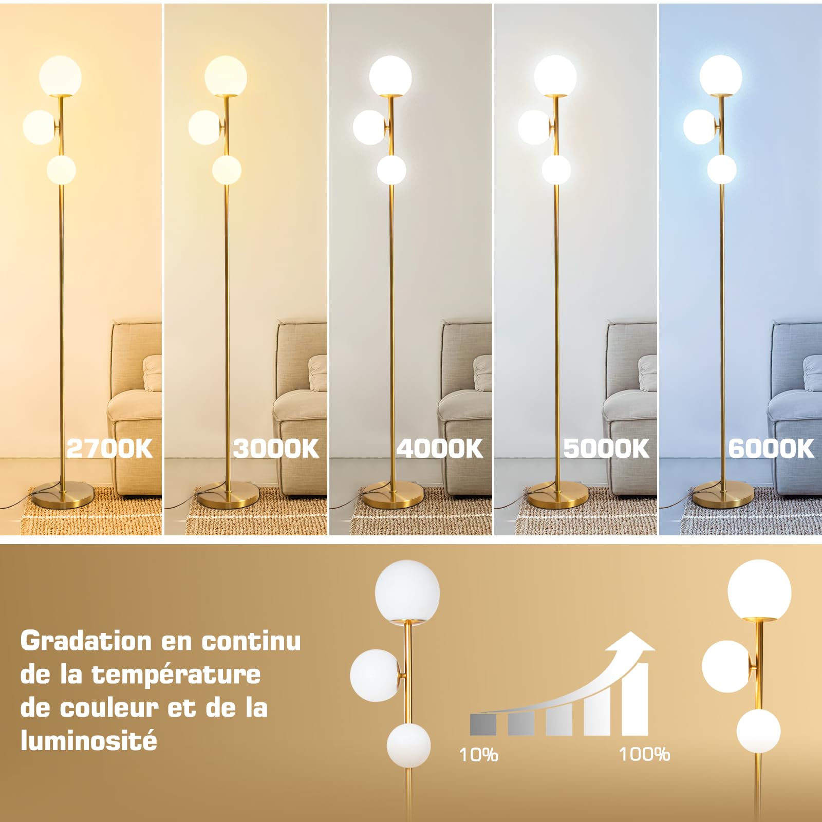 Lampadaire LED Dimmable vintage,168cm Lampe doré sur Pied 3 lumières rondes avec télécommande,Lampadaire pour Chambre, Salon, Bureau