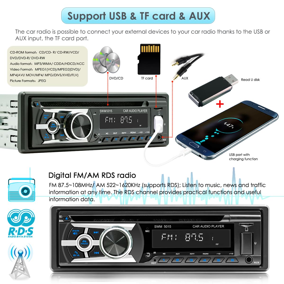 Radio de Coche con Reproductor de CD Bluetooth y Llamadas Manos Libres, Bluetooth 1 DIN USB/TF/Reproductor de MP3/entrada AUX, Radio FM/Am, RDS, RCA, función de búsqueda automática, 60 W x 4