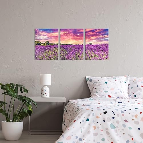 Miniatura 5 de Lienzo de campo de lavanda para pared, diseño de flores moradas, 3 paneles, moderno, campo al atardecer, impresión giclée para sala de estar,