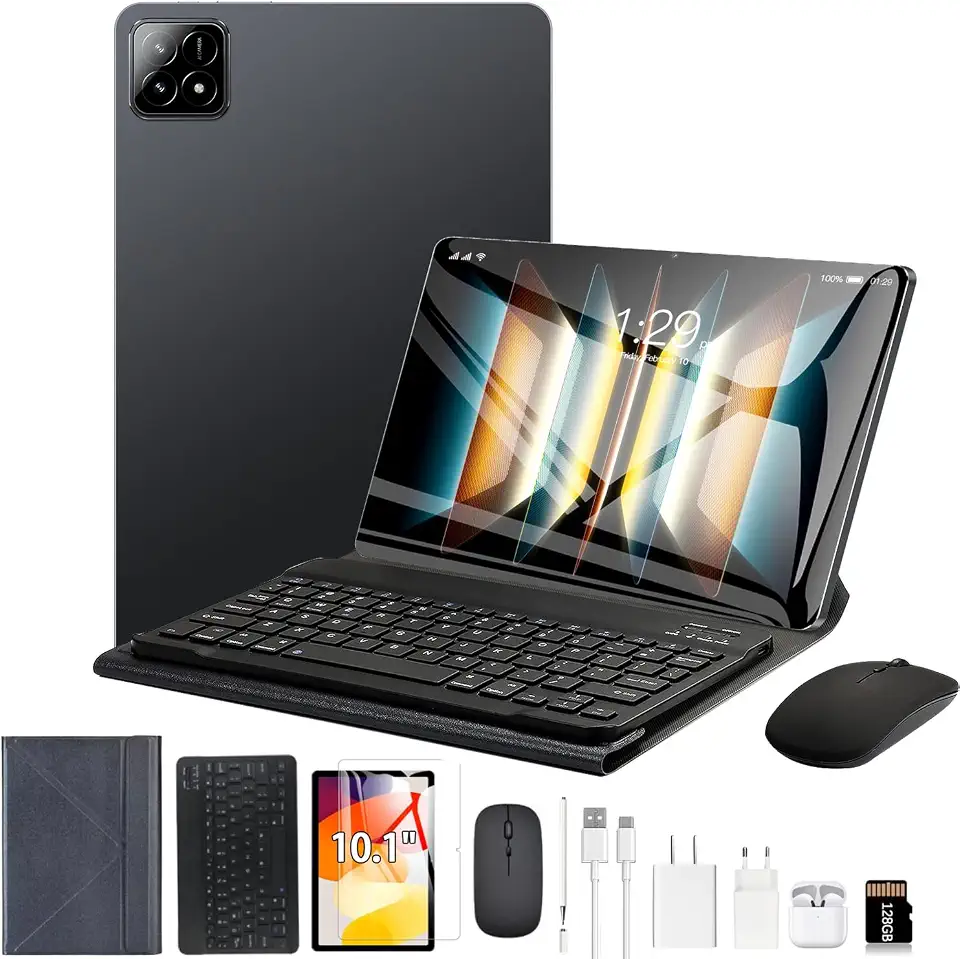 Tablet 3 em 1 10.1" Android 14 16GB RAM 512GB ROM Câmera 16MP Bateria 8800mAh Wi-Fi c/Teclado Mouse Estojo Cartão SD (preto)
