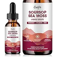 Catfit Soursop Graviola Liquid Drop – Soursop Bitters Liquid Drops with Sea Moss, Turmeric & Vitamins B6 C Zinc for Cell Support, Antioxidant, Relaxation & Immune Boost, Passion Fruit Flavor,2 Fl Oz