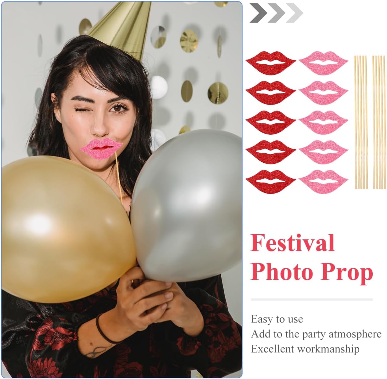 Handheld Lips Photo Props with Glitter Creative Red Lips Party Supplies for Weddings Birthdays Family Gatherings Festival Photo Booth Accessories 11.41X2.75In image 3