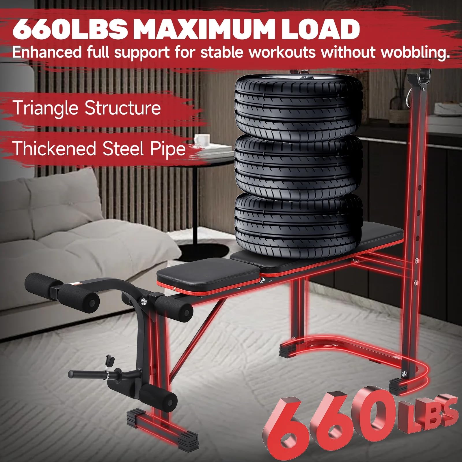 4-In-1 Weight Bench with Squat Rack, 660LBS Workout Bench Press Set with Leg Extension and Leg Curl, Adjustable Weight Bench for Home Gym Full-Body Workout Equipment