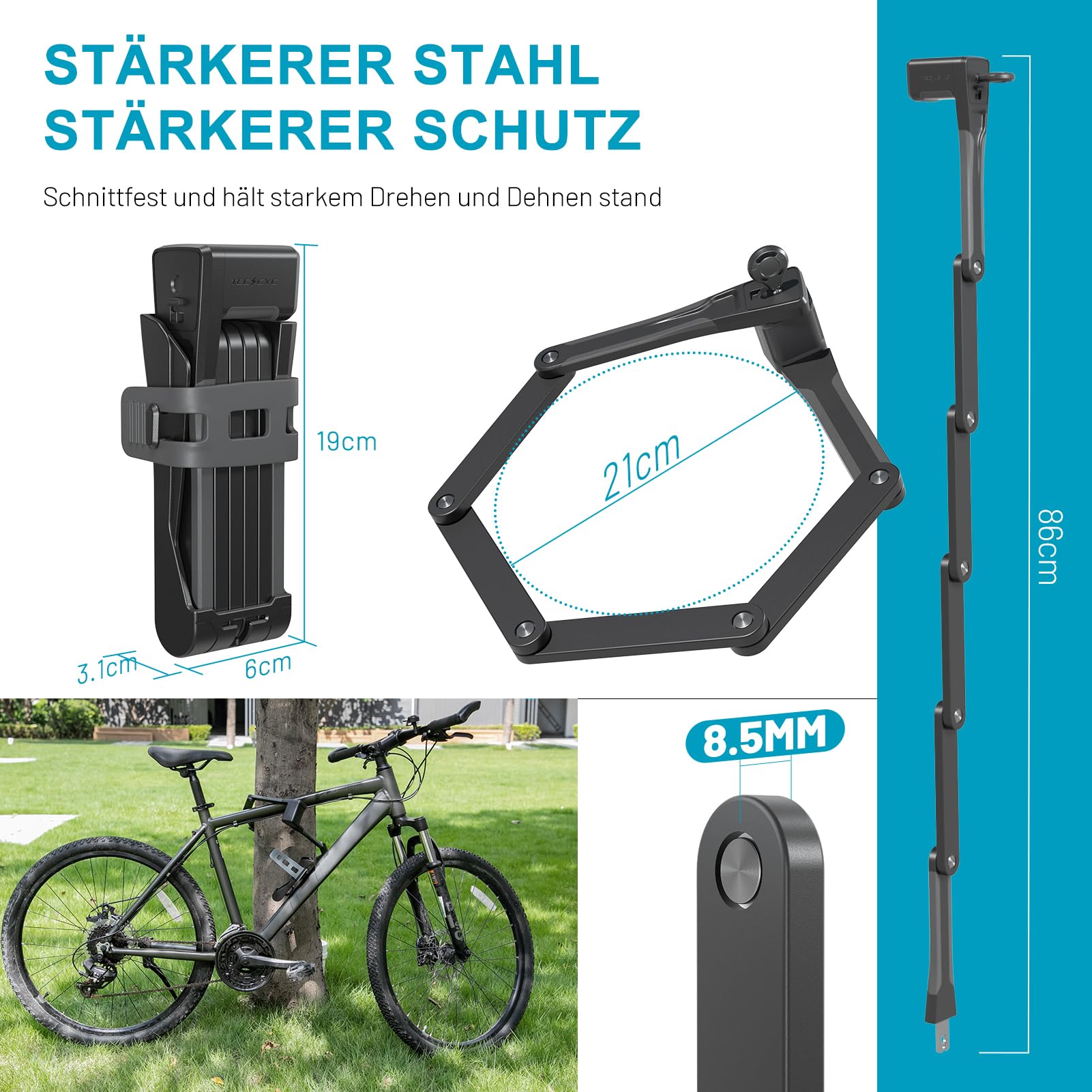 TECHCYC Fahrradschloss, Faltschloss Fahrrad 86cm mit Halterung, für E-Bike & Roller, Robustes & kompaktes, Hohe Sicherheit Klappschloss mit 3 Schlüssel für Pendler und Reisen (86cm)