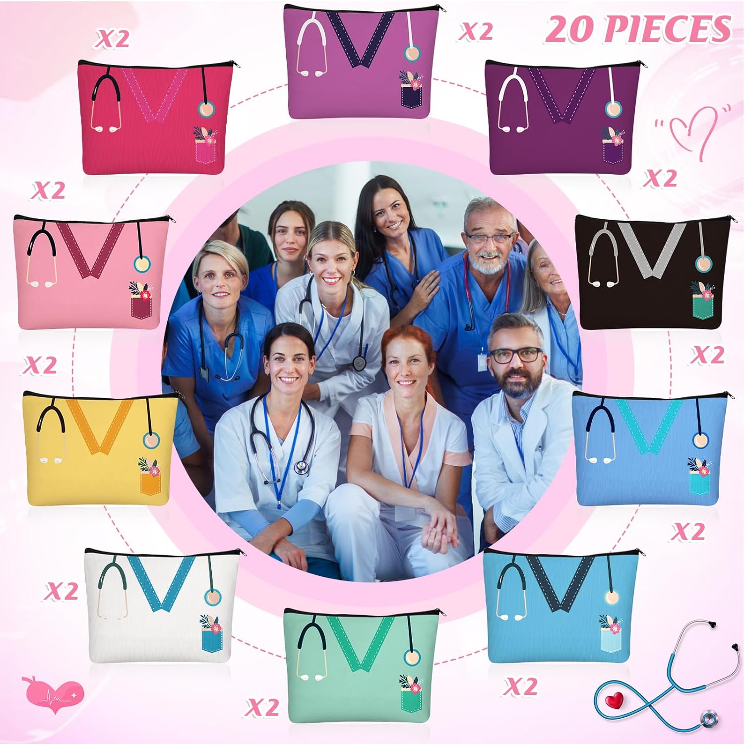 Sabary 20 Pcs Nurse Makeup Canvas Bags Bulk Nurse Appreciation Gifts Nursing Thank You Cosmetic Bag with Zipper Travel Work Accessories Pouch for Nurses Week Party Favors