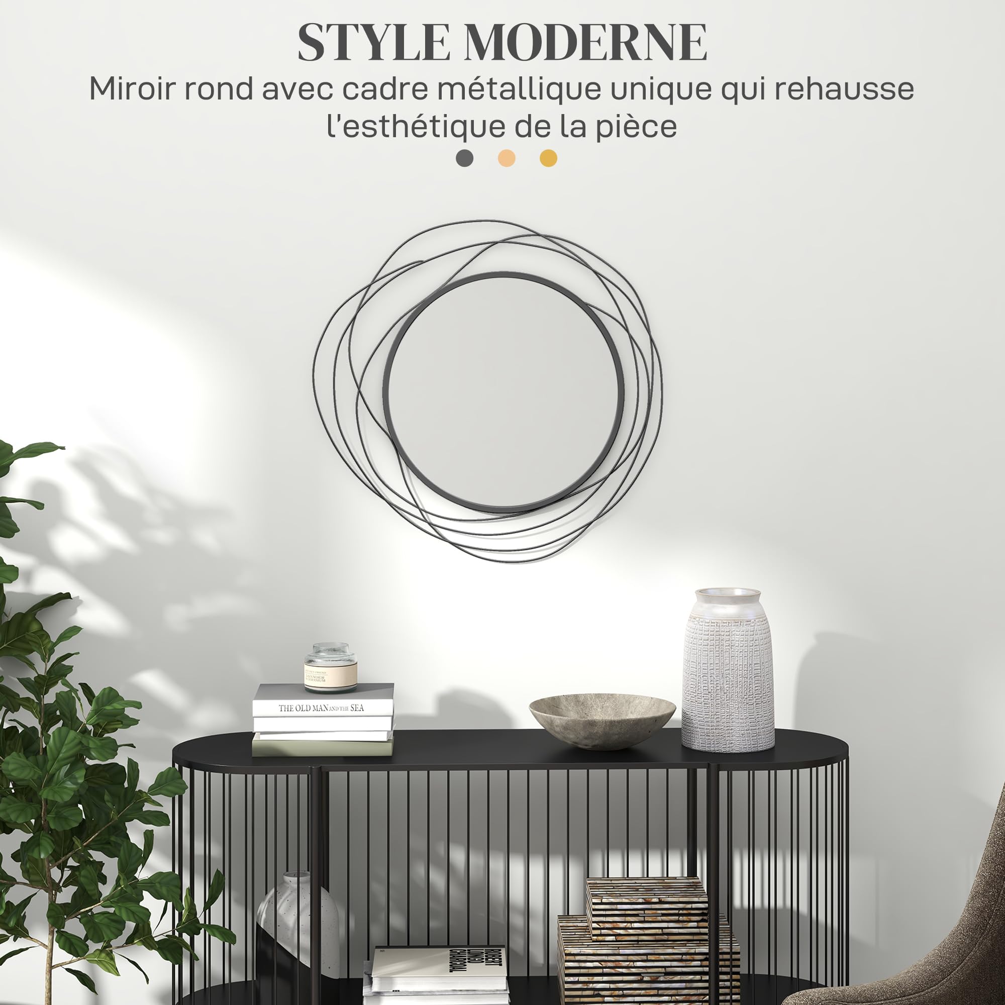 HOMCOM Miroir Rond en Métal Filaire Noir, Décoration Murale Ø65 cm