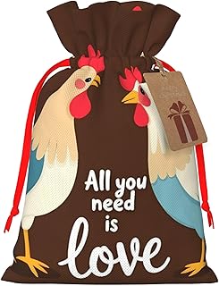 Qewfoju Rooster And Chicken Pattern Christmas Gift Bags Gift Bags Drawstring with Tags for Xmas New Year Present Wrapping Holiday Wedding Party Supplies Medium