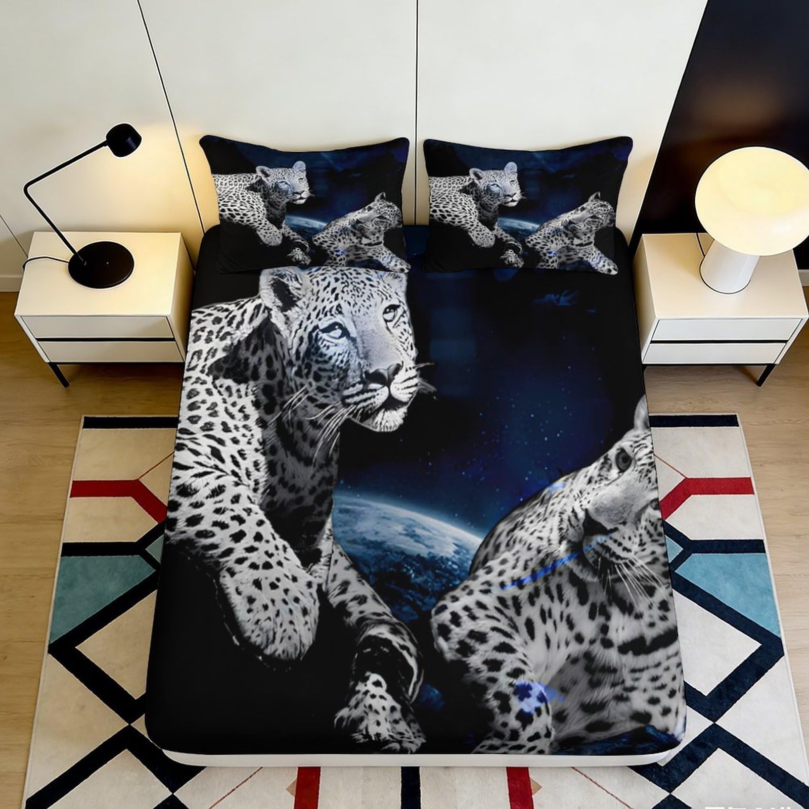 3D Printed Leopard Moonlight Fitted Sheet Microfiber Soft Breathable Jungle Night Mattress Cover for Bedroom Decor 90x200x25cm