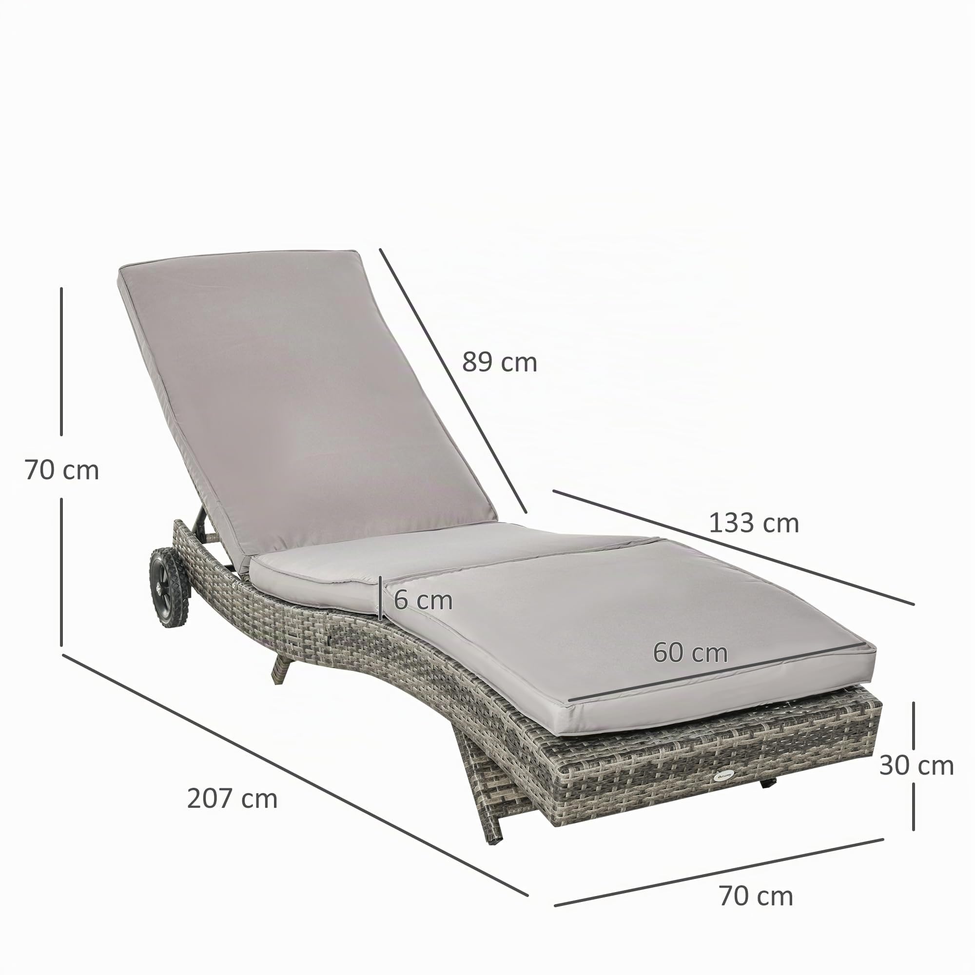 Outsunny Tumbona de Ratán Reclinable Tumbona de Jardín en Forma de S con 2 Ruedas Respaldo Ajustable en 5 Posiciones y Cojín Extraíble para Patio Terraza 207x70x70 cm Gris Claro