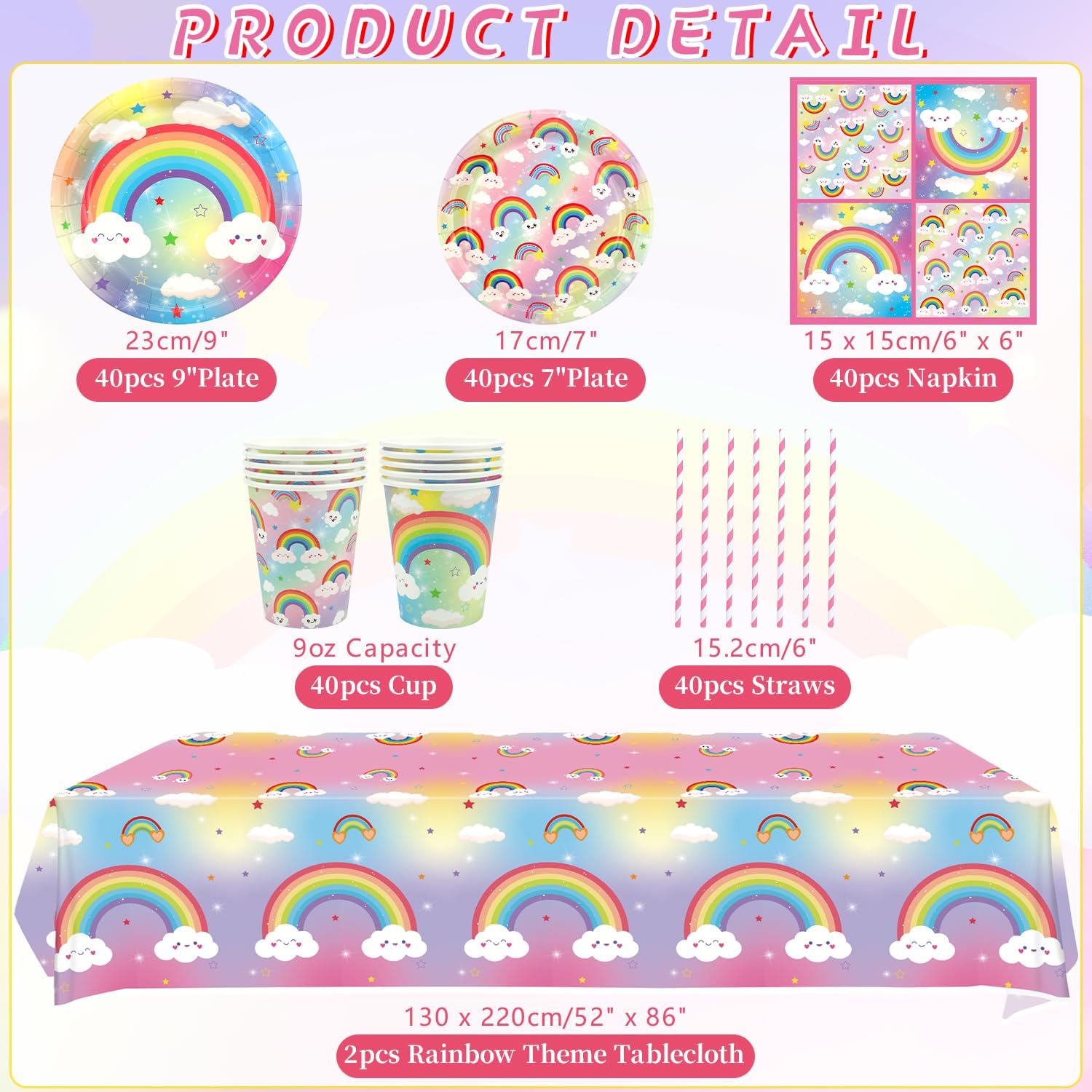 Rainbow Party Decoration - Rainbow Birthday Party Tableware Supplies Includes Plates, Cups, Napkins, Tablecloth, Straws (40) - Image 2